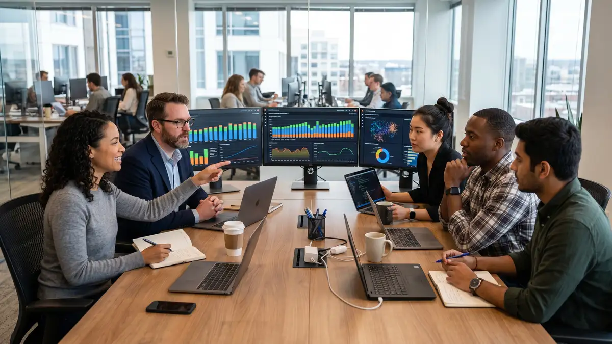 SaaS engineering and finance team reviewing cloud cost dashboards on multiple monitors with bar charts and line graphs showing infrastructure spend trends