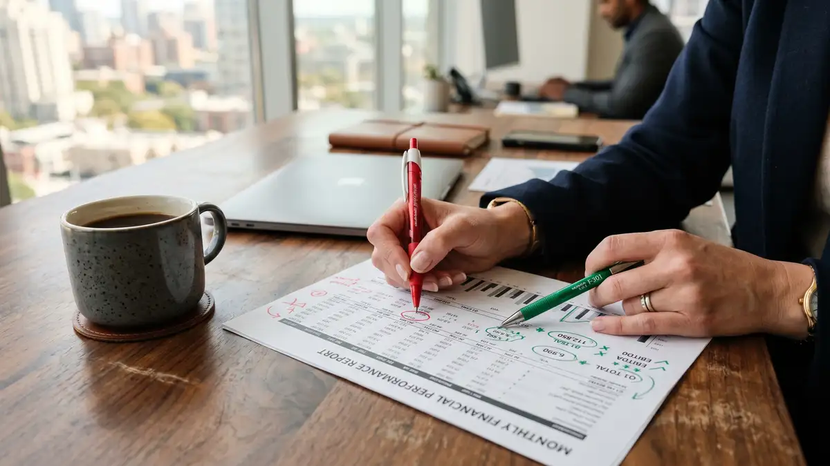 Executive's hands marking up a financial statement printout with red and green pen, identifying margin variances during a CFO review session