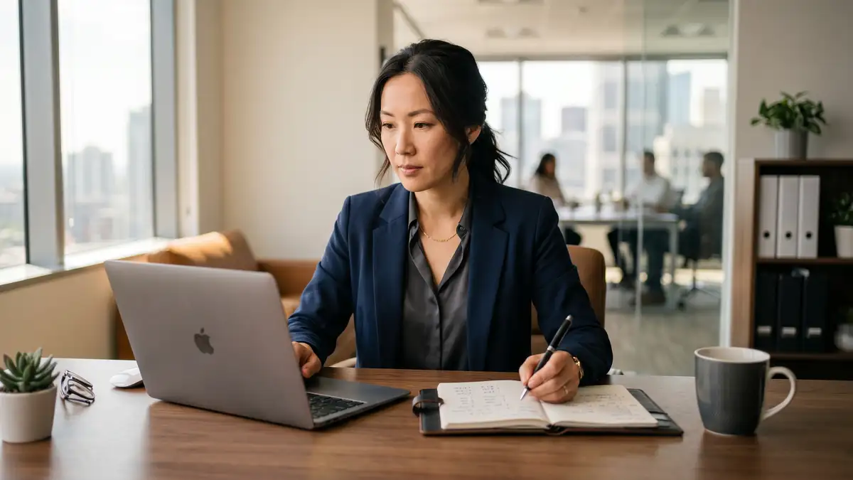 Focused SaaS CFO at a modern desk with laptop and notebook conducting a margin diagnostic analysis during quarterly review
