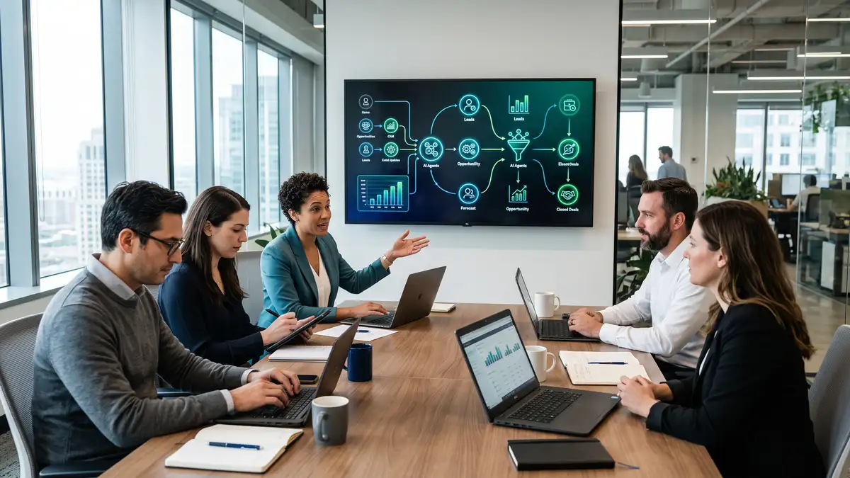 SaaS revenue operations team reviewing an automated sales pipeline and forecast charts with AI agents handling lead routing and CRM updates