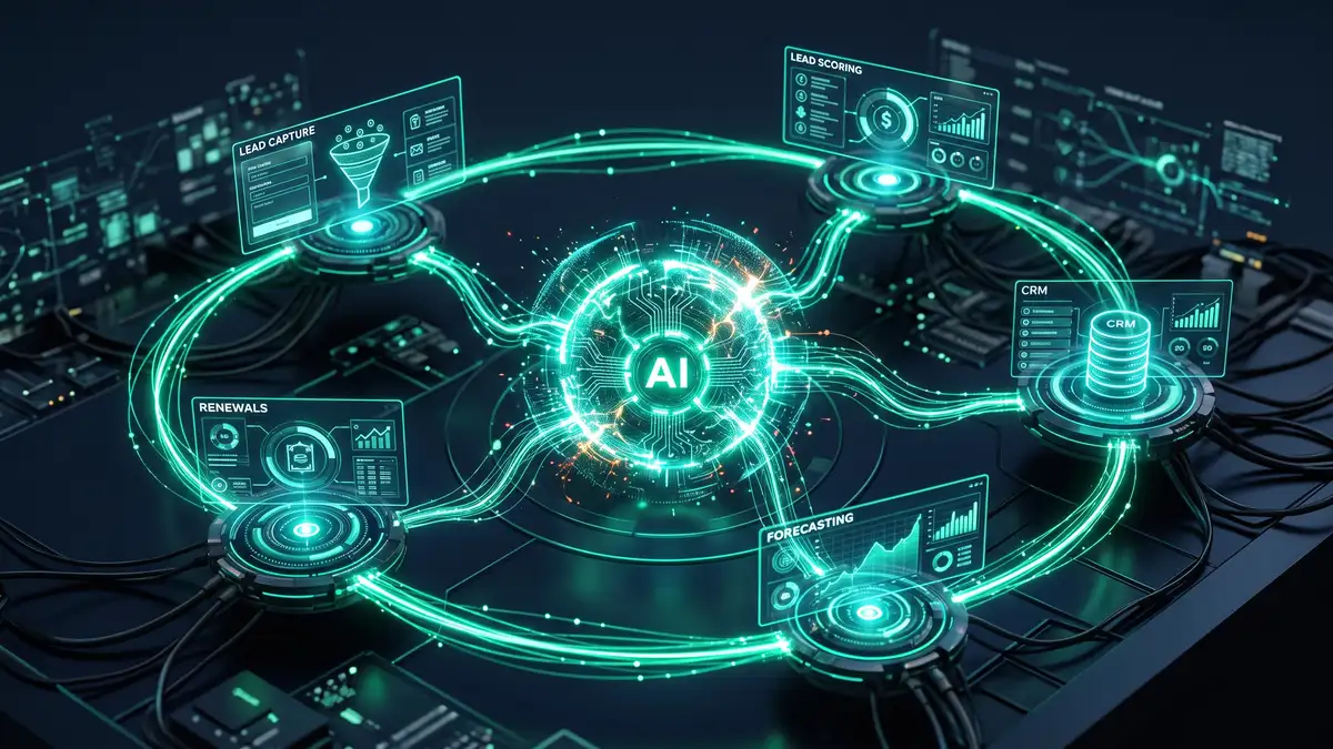 Autonomous AI agent automating the SaaS revenue lifecycle as a continuous loop connecting lead capture, scoring, CRM, forecasting, and renewals