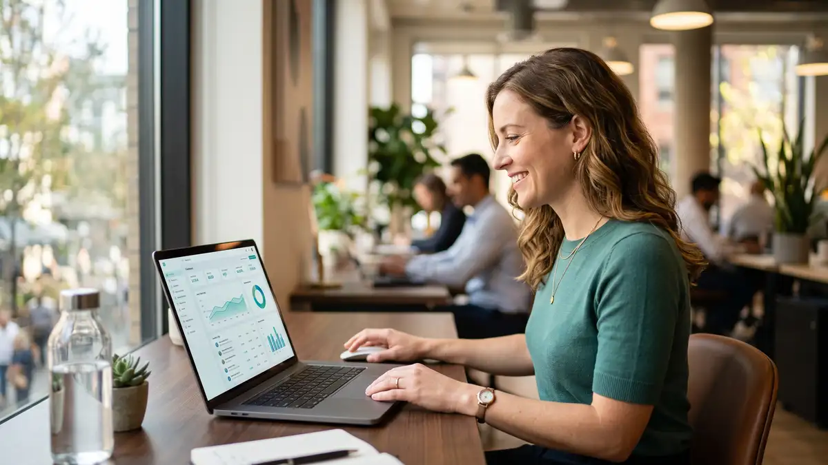 SaaS sales rep freed from manual CRM data entry as an automated dashboard handles activity logging, reclaiming selling time