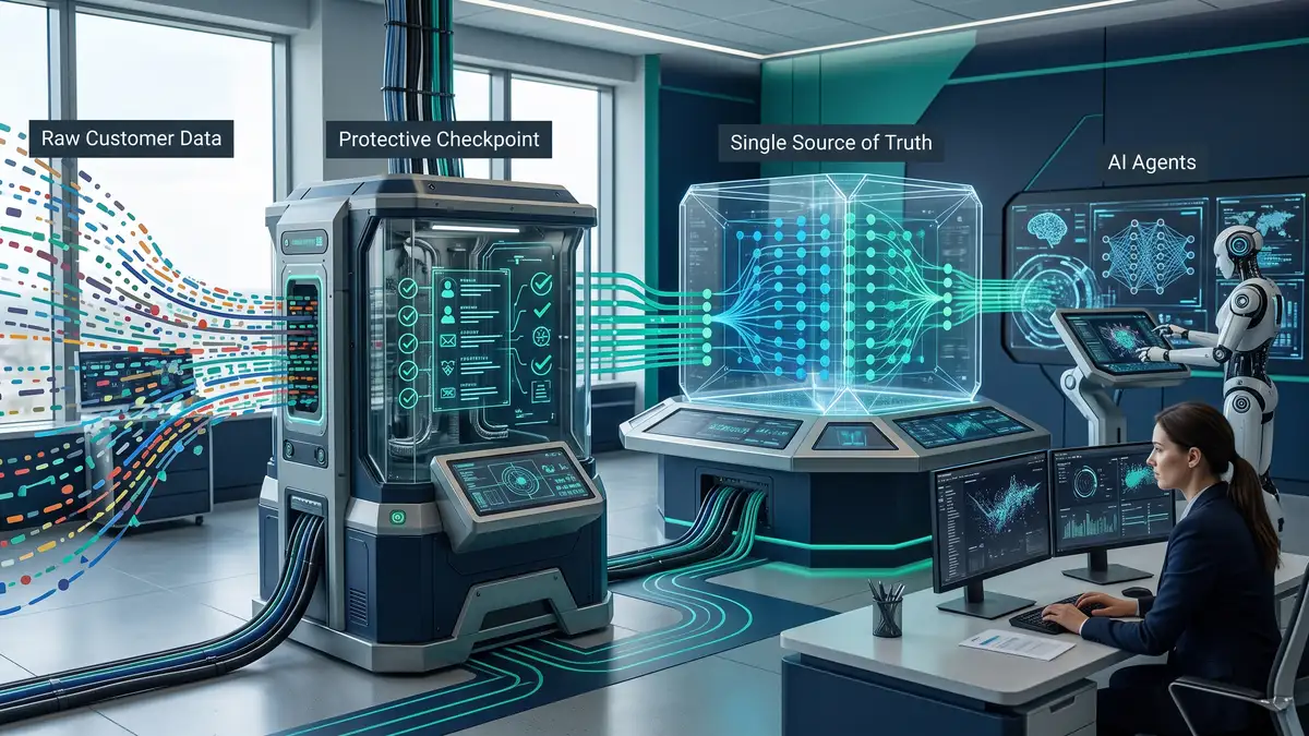 Clean unified customer data flowing into a single source of truth with a validation checkpoint before AI agents act, representing RevOps data governance