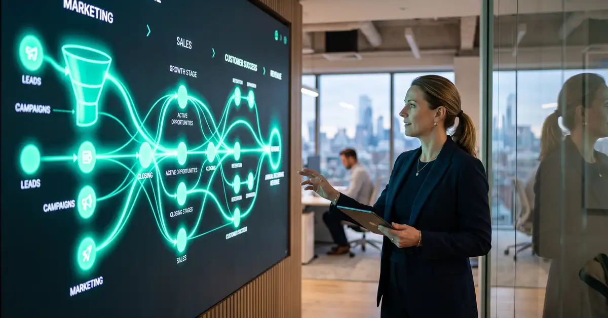 SaaS CEO reviewing an automated revenue operations dashboard showing leads flowing through marketing, sales, and customer success as a unified AI-driven engine