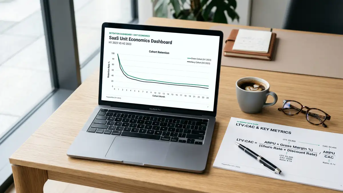 SaaS CEO reviewing unit economics dashboard with LTV, CAC, gross margin, and NRR metrics in modern boardroom