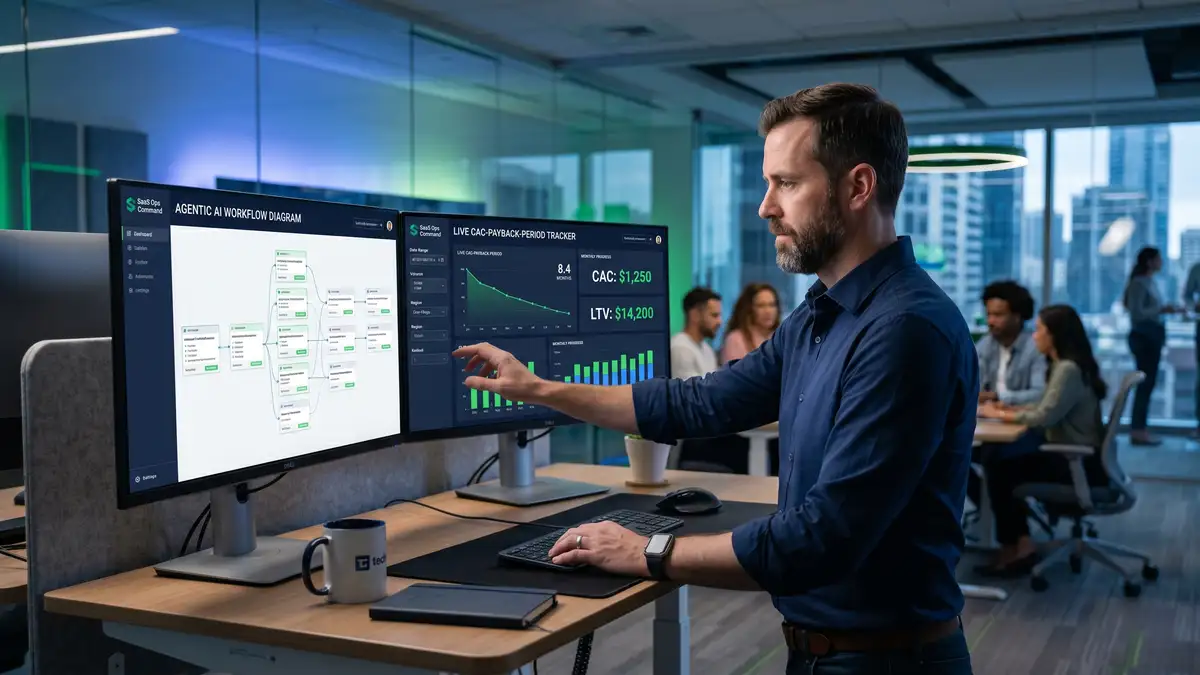 Senior SaaS executives reviewing cohort retention heatmap and leading indicator dashboard in strategy meeting with growth architects