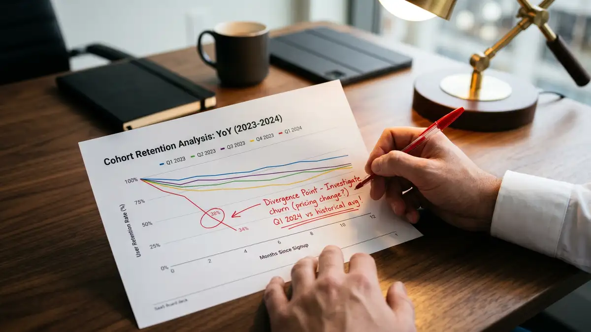Close-up of financial analyst reviewing LTV:CAC ratio calculation with cohort retention curves visible on laptop screen