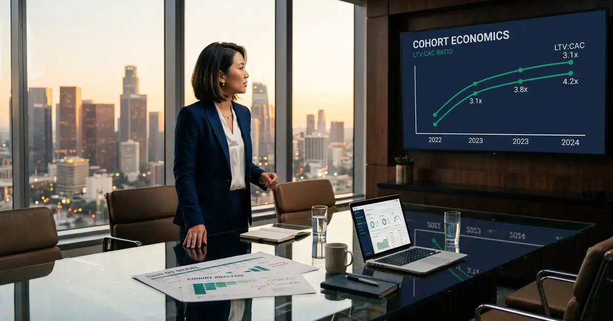 SaaS CEO and CFO analyzing unit economics framework with LTV, CAC, gross margin, and NRR metrics on modern boardroom dashboard