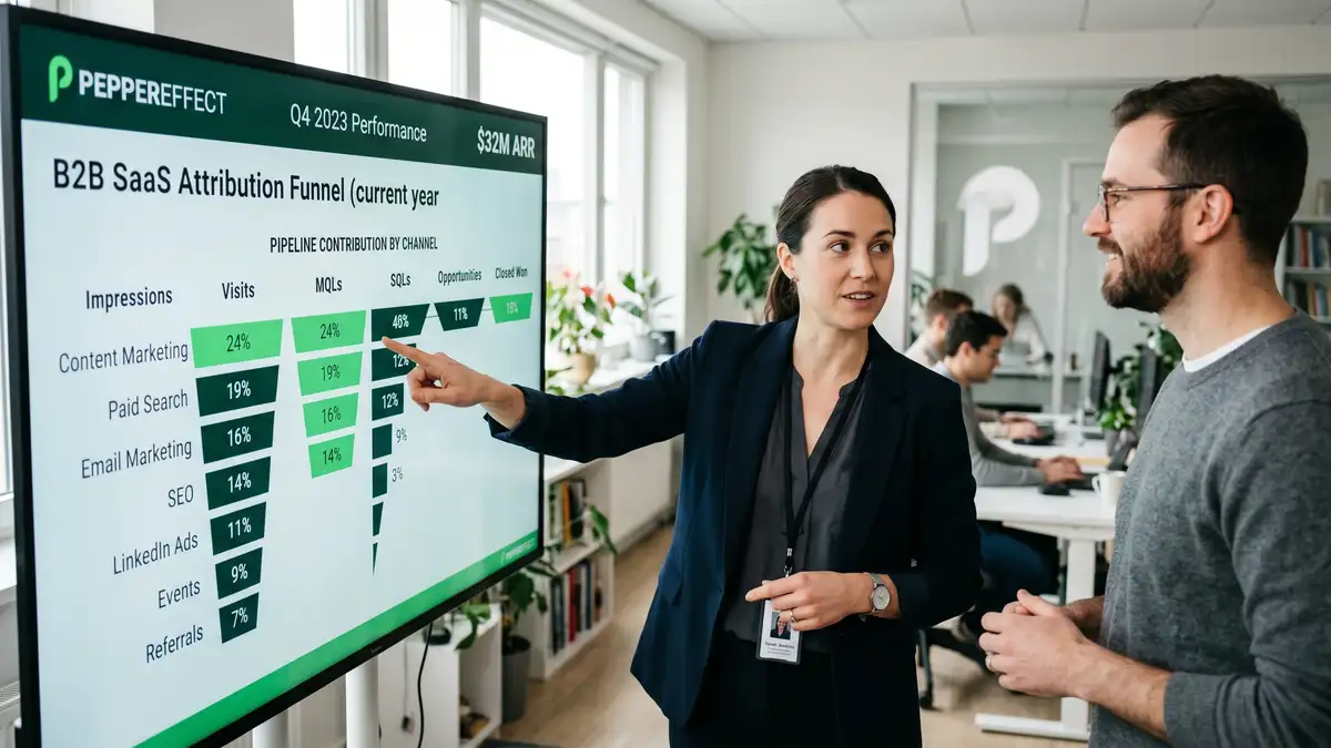 Marketing operations analyst pointing at attribution funnel screen showing channel-by-channel pipeline contribution