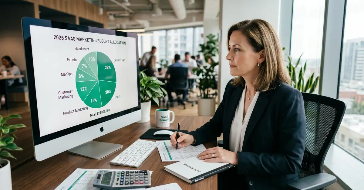 SaaS CMO reviewing 2026 marketing budget pie chart with 7 allocation buckets on large monitor
