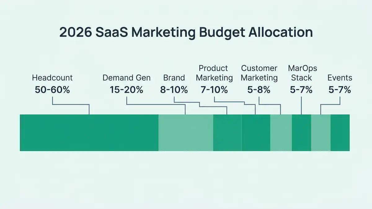 2026 SaaS marketing budget 7-bucket allocation: Headcount, Demand Gen, Brand, Product Marketing, Customer Marketing, MarOps Stack, Events