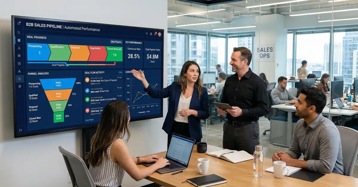 B2B sales team reviewing automated pipeline dashboard with CRM data and conversion metrics