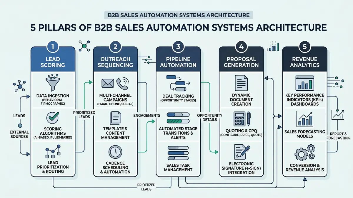 B2B sales automation ROI infographic showing five-pillar framework with lead scoring, outreach sequencing, pipeline management, proposals, and analytics