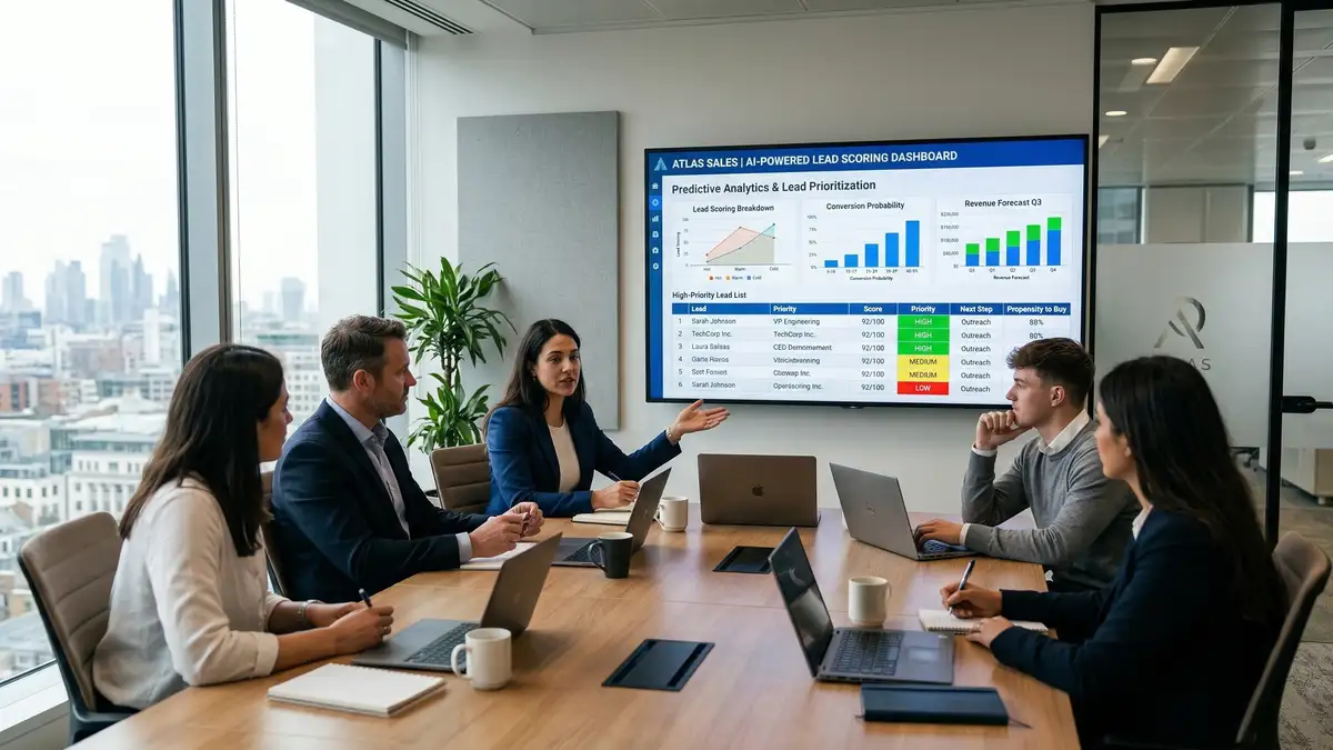 AI-powered lead scoring model showing predictive analytics, behavioral signals, and firmographic data integration for B2B sales automation
