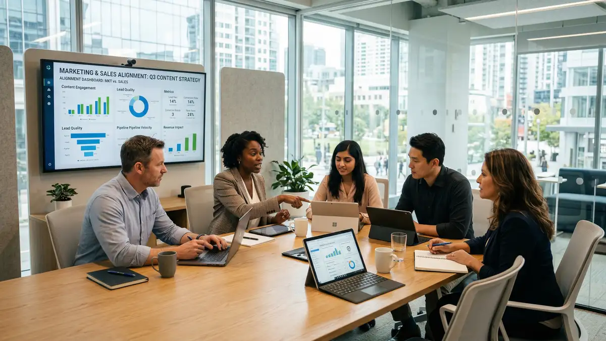 Sales and marketing teams collaborating on enablement content strategy in a modern conference room with analytics dashboards