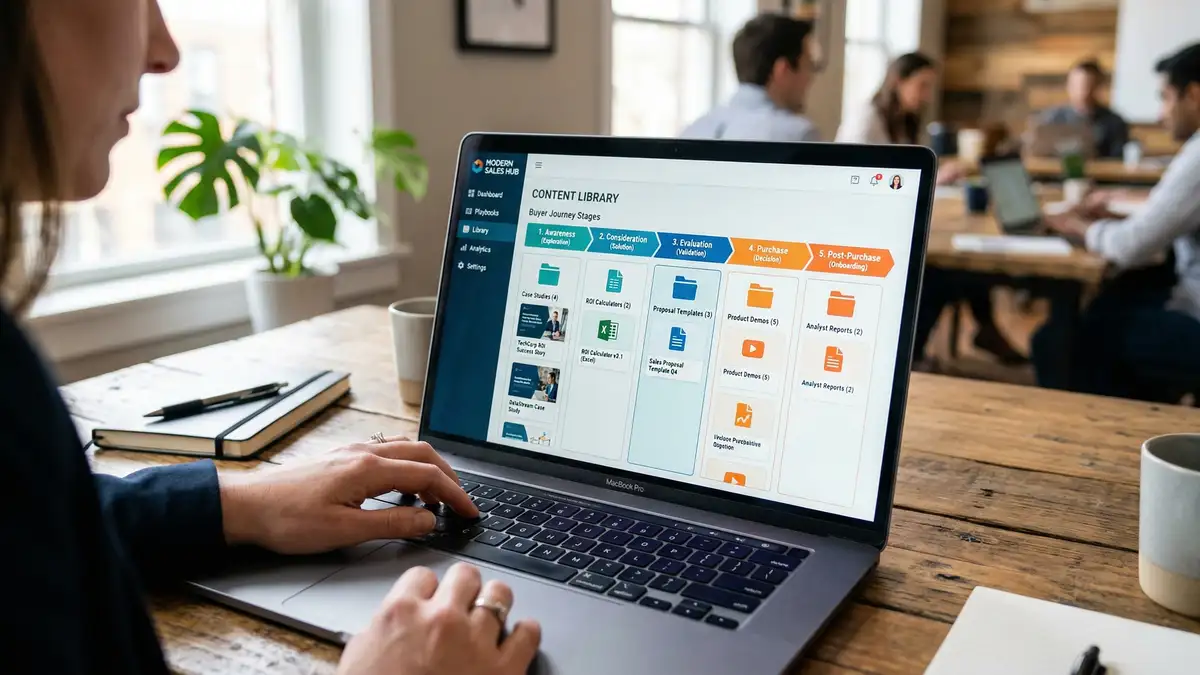 Digital sales enablement platform showing content library organised by buyer journey stages with case studies and ROI calculators