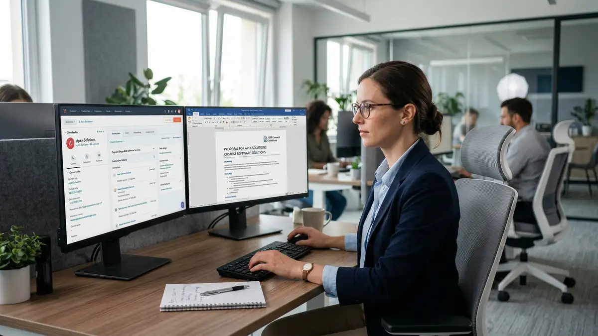 Sales representative preparing personalised proposal content for a B2B client using CRM data and enablement templates