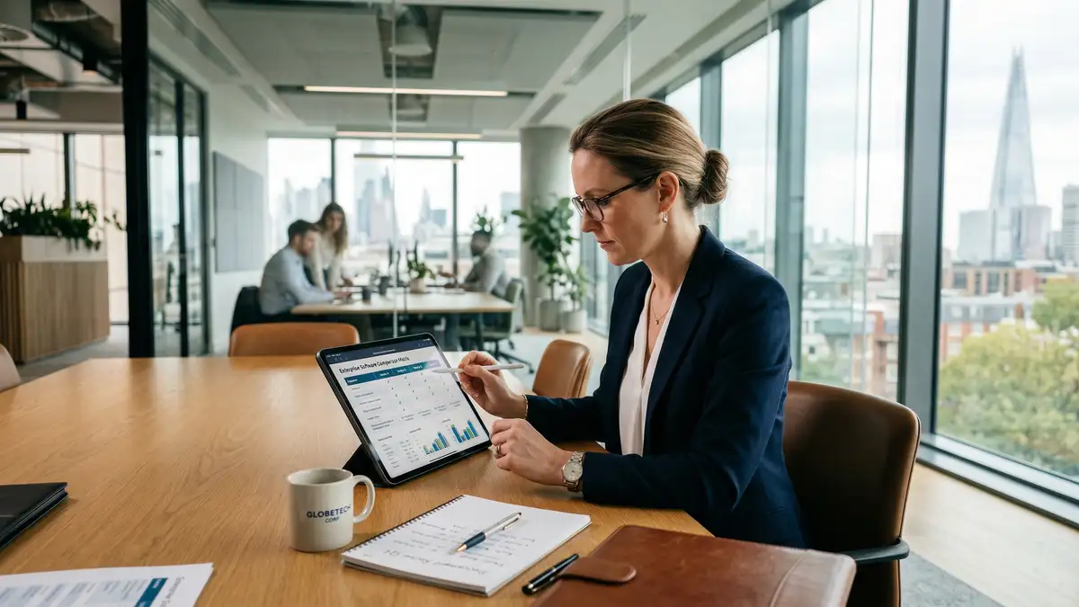 B2B executive reviewing vendor comparison materials and enablement content on tablet during procurement evaluation