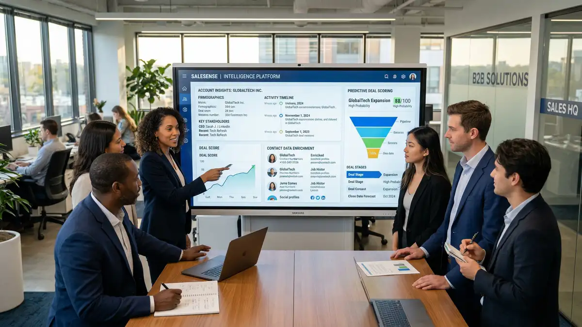 B2B sales team analyzing sales intelligence platform data with account insights and predictive deal scoring on shared screen