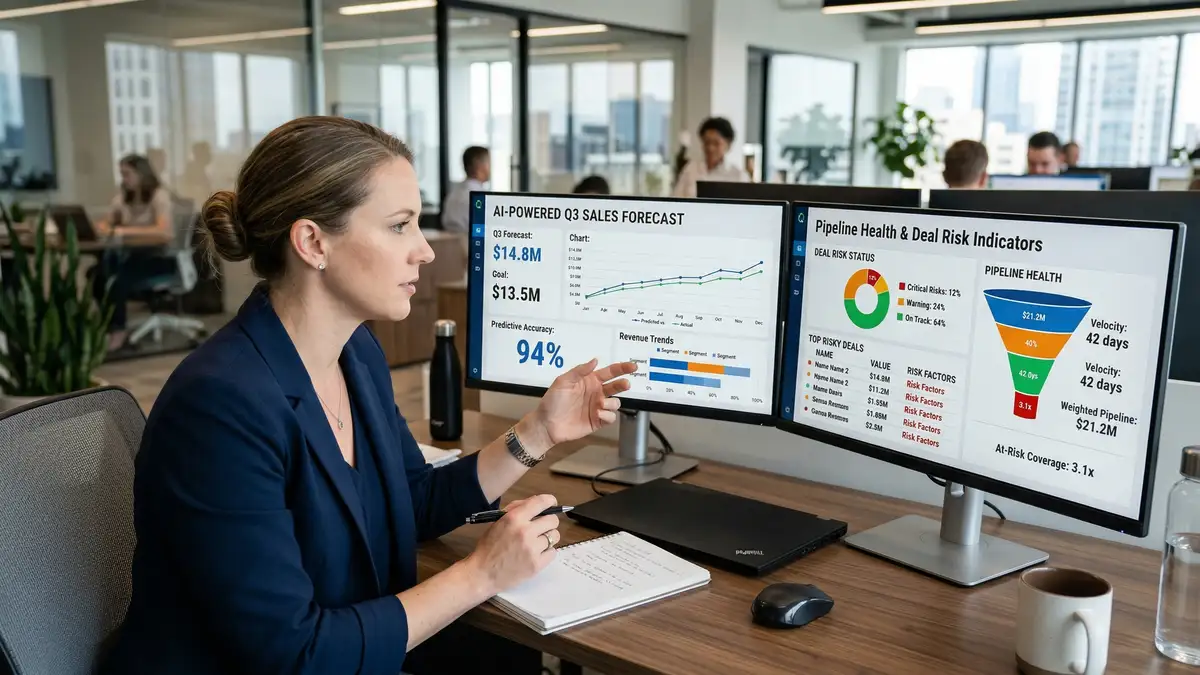 Revenue operations leader reviewing AI-powered sales forecast with predictive analytics and pipeline health metrics on dual monitors