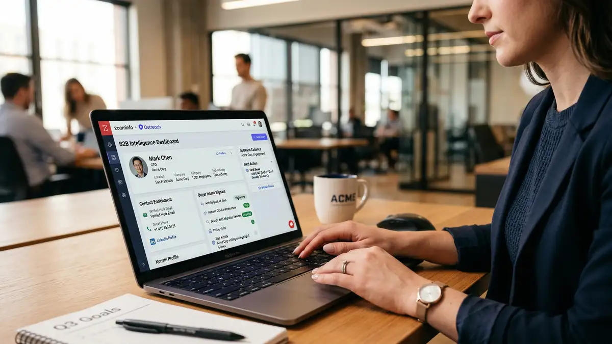 Sales development representative using laptop showing contact enrichment and buyer intent signals for targeted B2B outreach