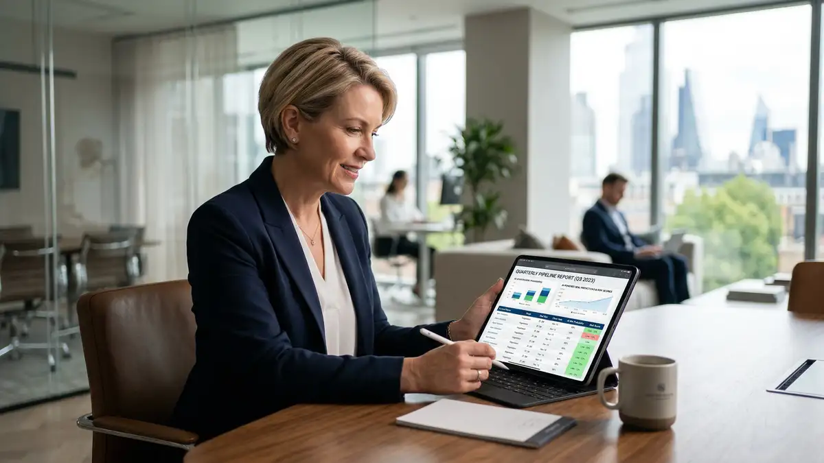 VP of Sales reviewing quarterly pipeline report with AI-generated deal predictions and risk scores on tablet device