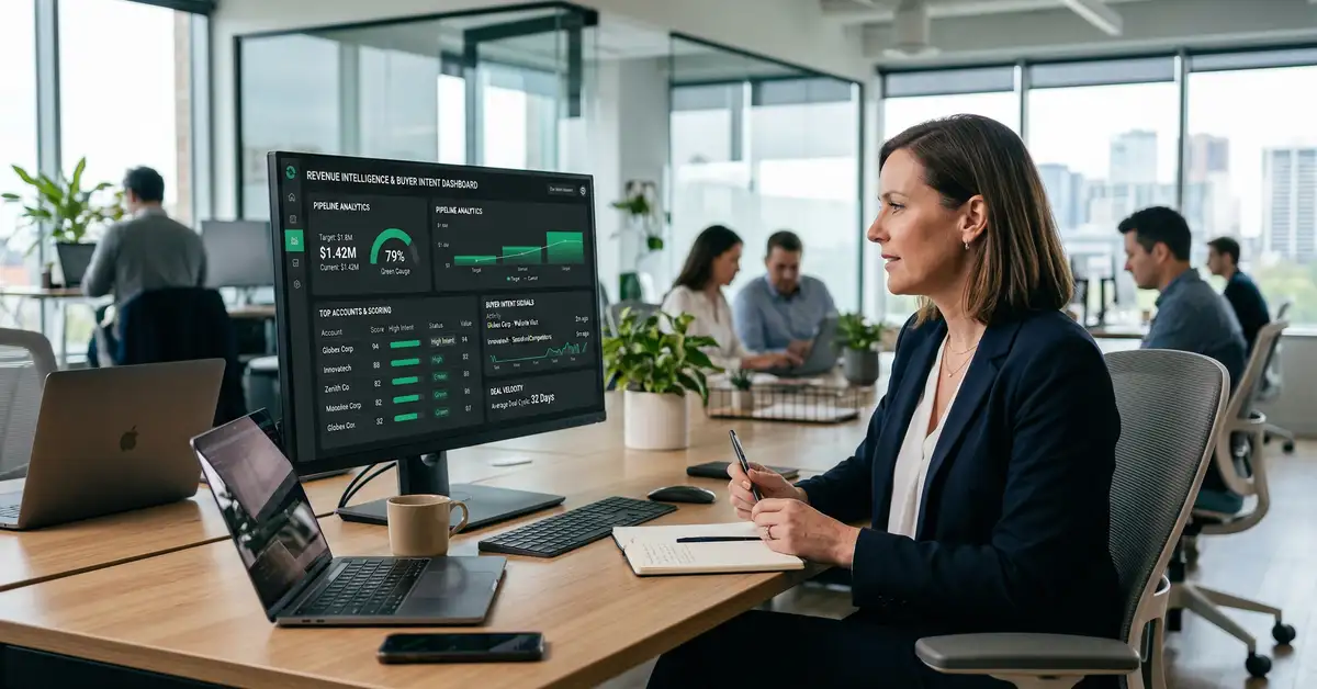 Sales intelligence platform dashboard showing AI-powered buyer intent signals, predictive lead scoring, and B2B pipeline analytics