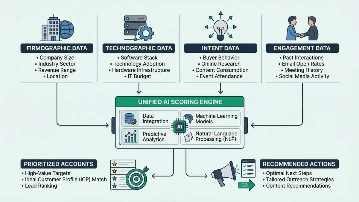 Infographic showing four pillars of sales intelligence data flowing into unified AI scoring engine with prioritized account outputs