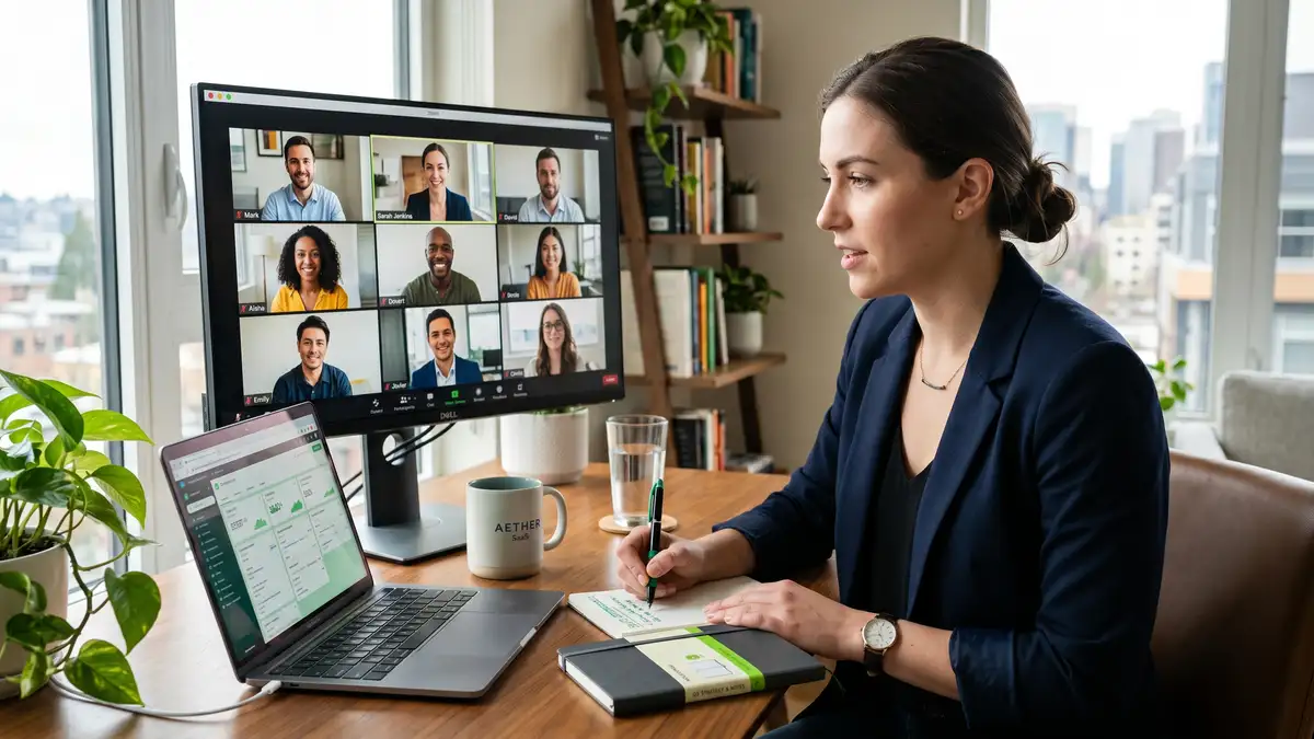 SaaS account executive on video call with multiple buyer committee stakeholders, taking notes on multi-threading strategy