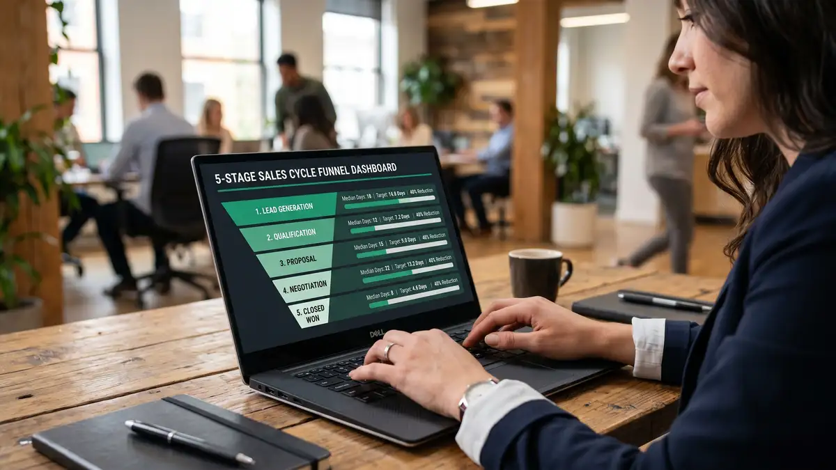 Close-up of laptop showing 5-stage sales cycle funnel dashboard with median days and 40% reduction targets