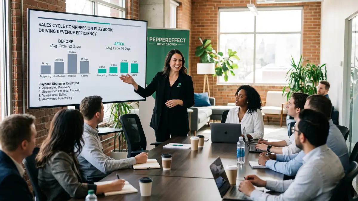 Sales manager presenting sales cycle compression playbook slide to revenue team with before-and-after metrics