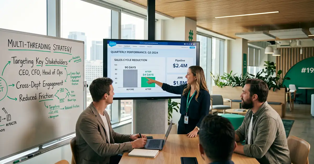 SaaS sales team reviewing dashboard showing sales cycle reduction from 90 to 54 days, multi-threading strategy on whiteboard, peppereffect green accents