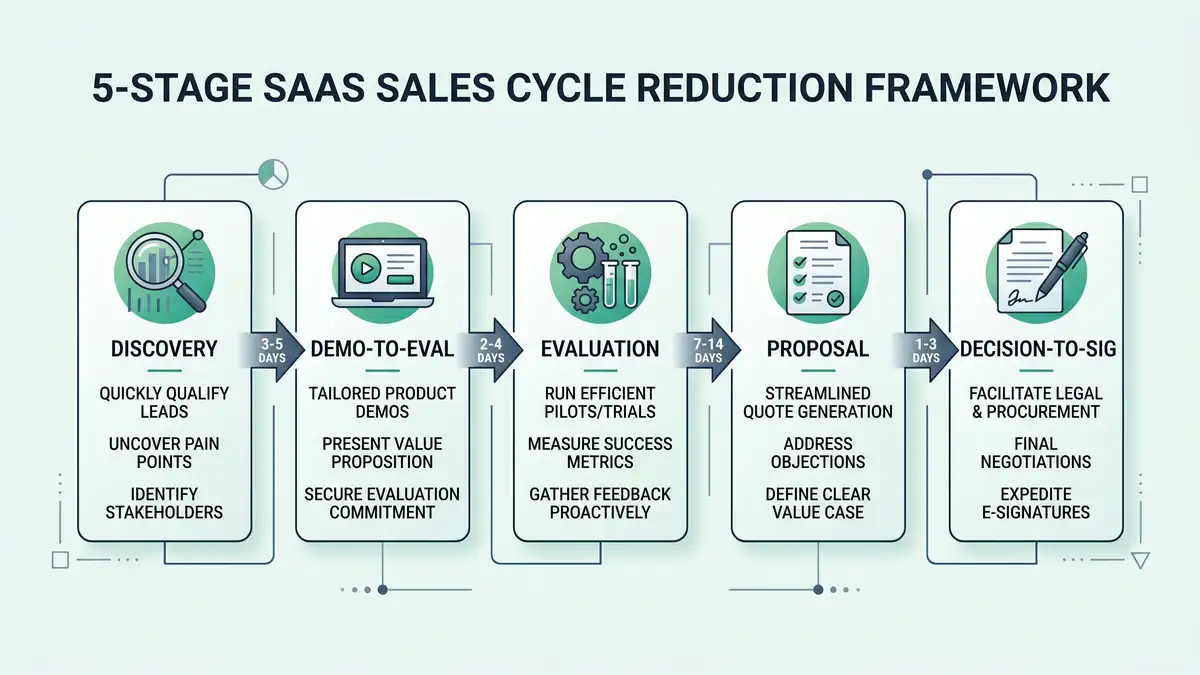 5-stage SaaS sales cycle reduction framework infographic with day targets at each stage
