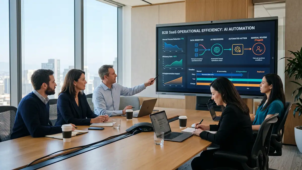 B2B SaaS leadership team reviewing AI-augmented operations stack
