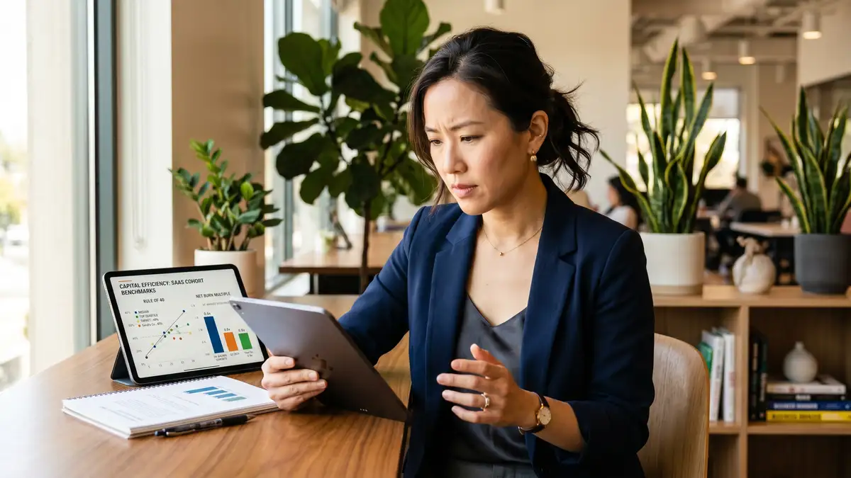 SaaS CFO analyzing capital efficiency benchmarks on tablet