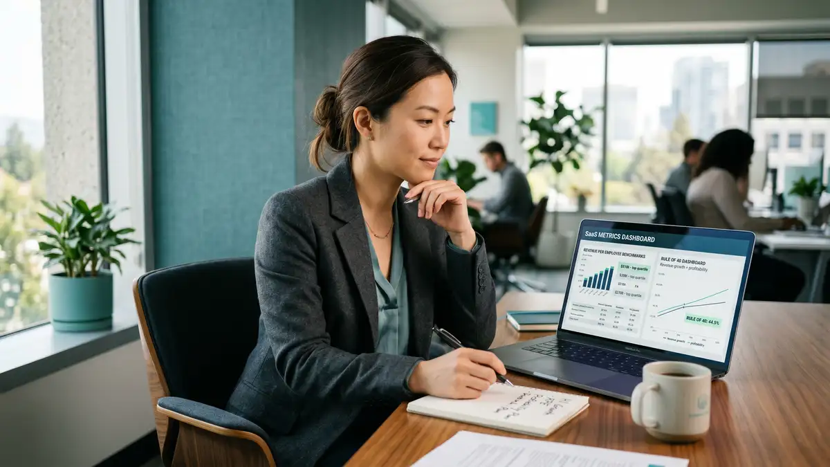 B2B SaaS founder reviewing revenue per employee benchmarks