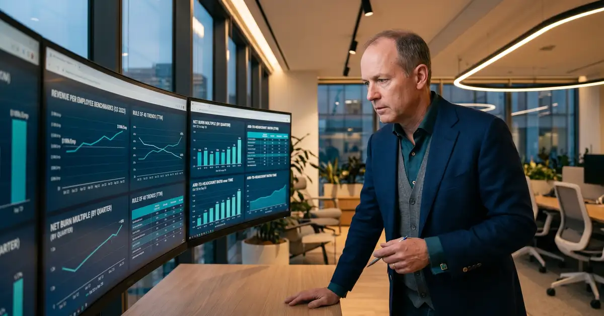B2B SaaS CEO reviewing capital efficiency dashboards with revenue per employee benchmarks
