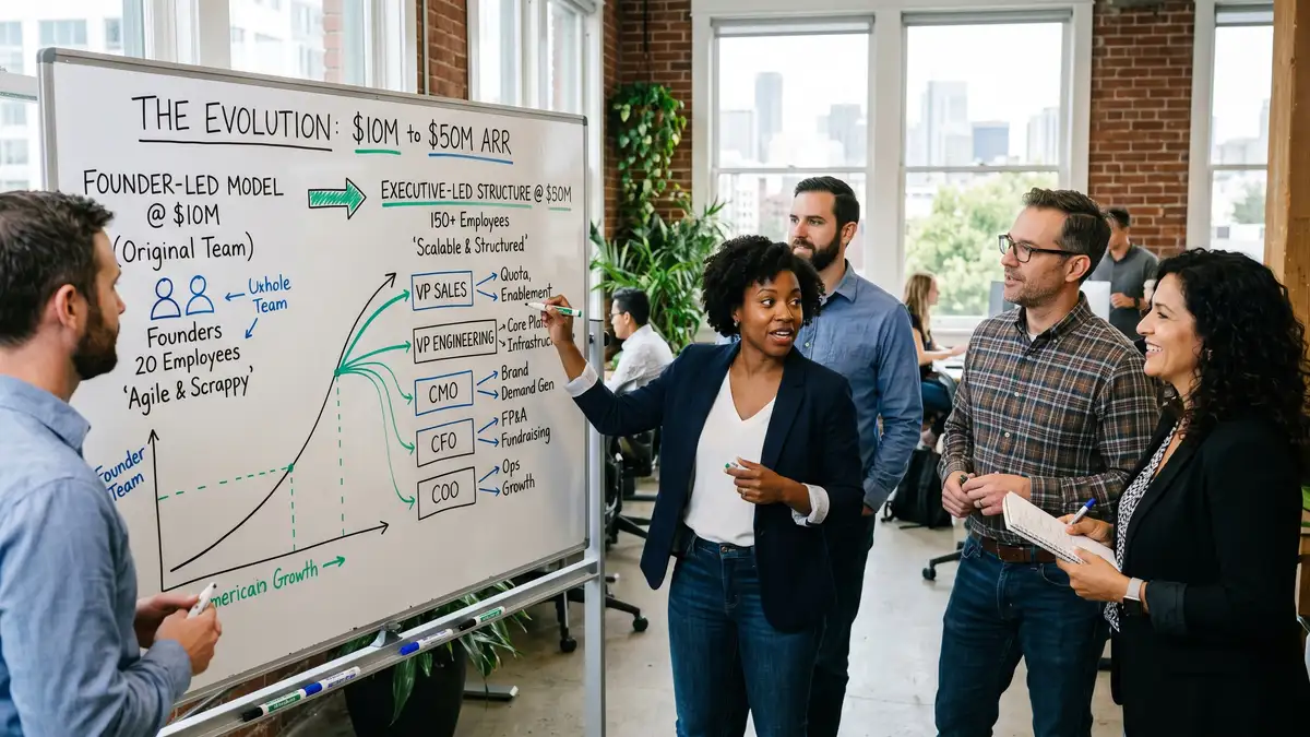 SaaS leadership team mapping organisational evolution on whiteboard from founder-led at $10M to executive-led at $50M