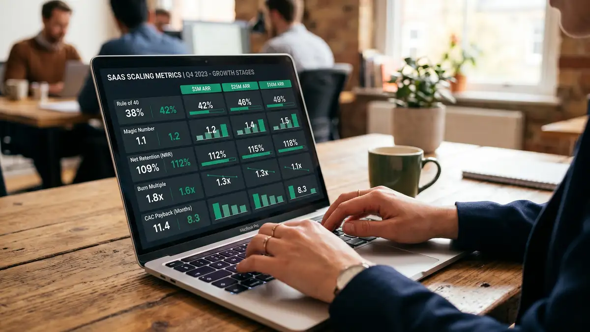 Close-up of laptop showing SaaS scaling metrics dashboard with Rule of 40 Magic Number Net Retention Burn Multiple CAC Payback