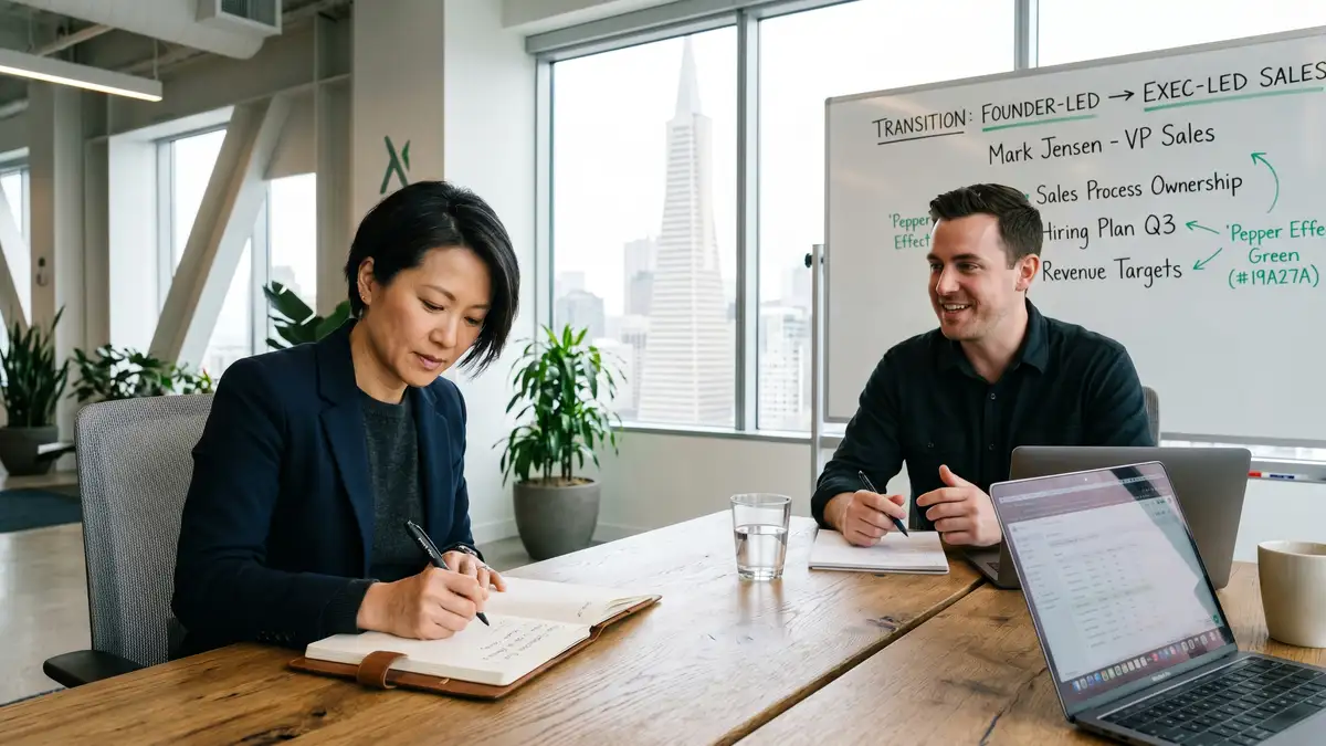 SaaS founder taking notes during 1:1 with newly promoted VP planning transition from founder-led to executive-led
