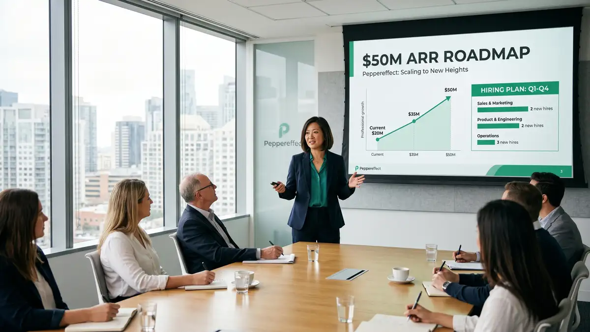 CEO presenting $50M ARR roadmap slide to leadership team showing growth trajectory and hiring plan