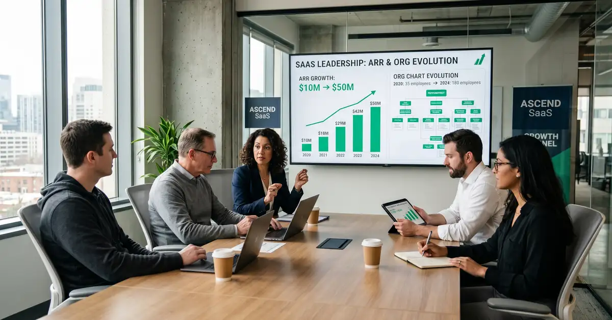 SaaS CEO and leadership team reviewing growth dashboard scaling from $10M to $50M ARR with org chart evolution, peppereffect green accents
