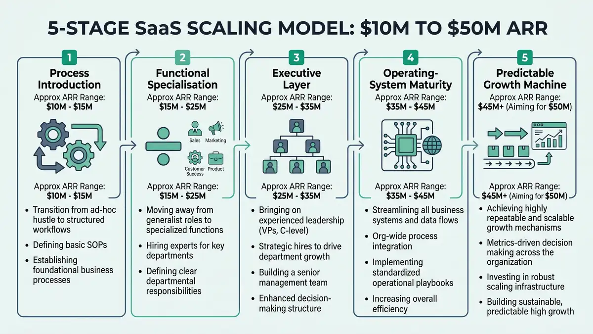 5-stage SaaS scaling model from $10M to $50M ARR infographic with Process Introduction through Predictable Growth Machine