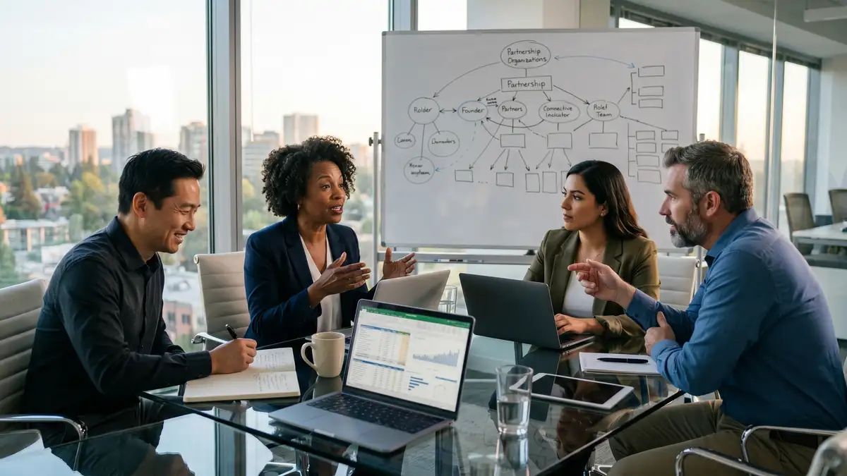 A founder and three new partners of a scaling executive search firm in a strategy session around a glass conference table with whiteboard showing partnership organizational structure