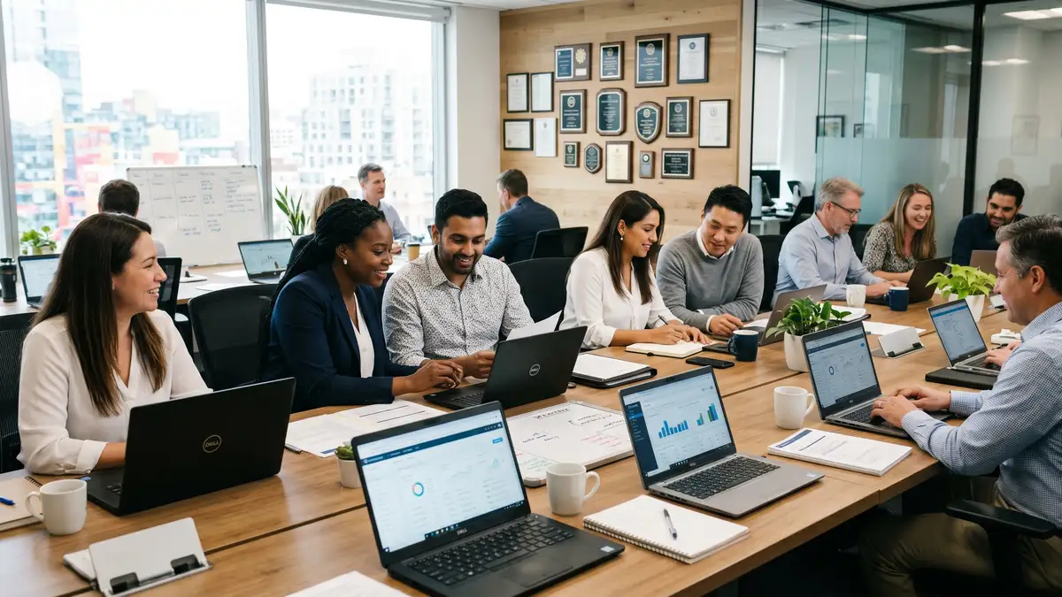 A mid-market executive search firm team of eight to ten consultants collaborating around long desks in a bright modern shared workspace