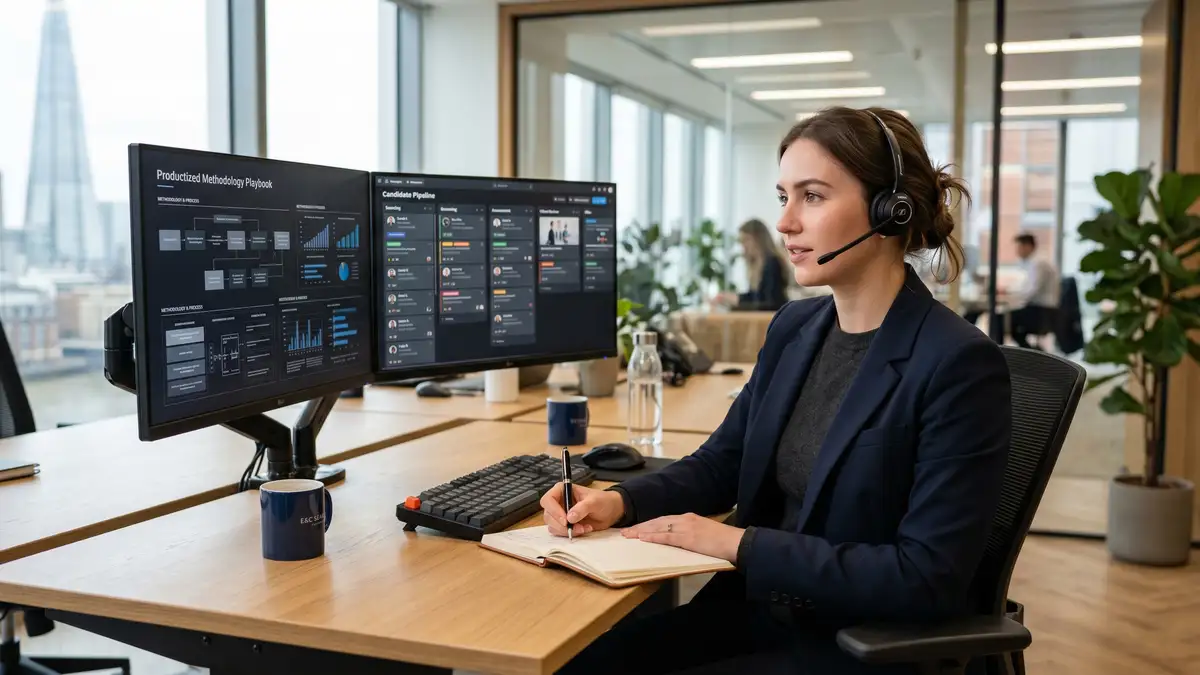 A new mid-level recruiter at a sit-stand desk in a scaling executive search firm office with dual monitors showing methodology playbook and candidate pipeline