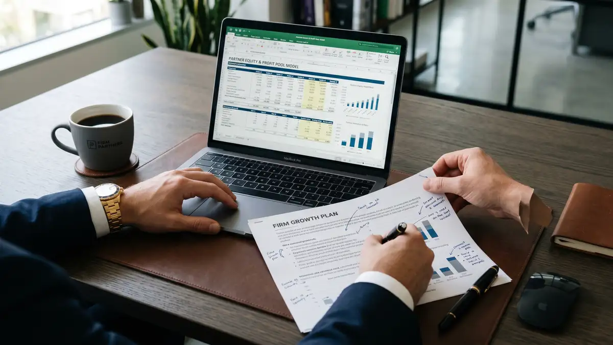 Close-up overhead view of managing partner desk showing MacBook with partner equity and profit pool model spreadsheet and printed firm growth plan