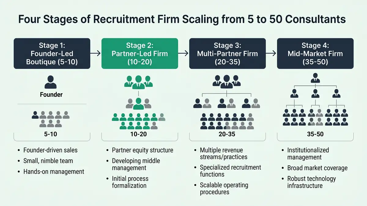 Horizontal flow infographic showing 4 stages of recruitment firm scaling from founder-led boutique through mid-market firm