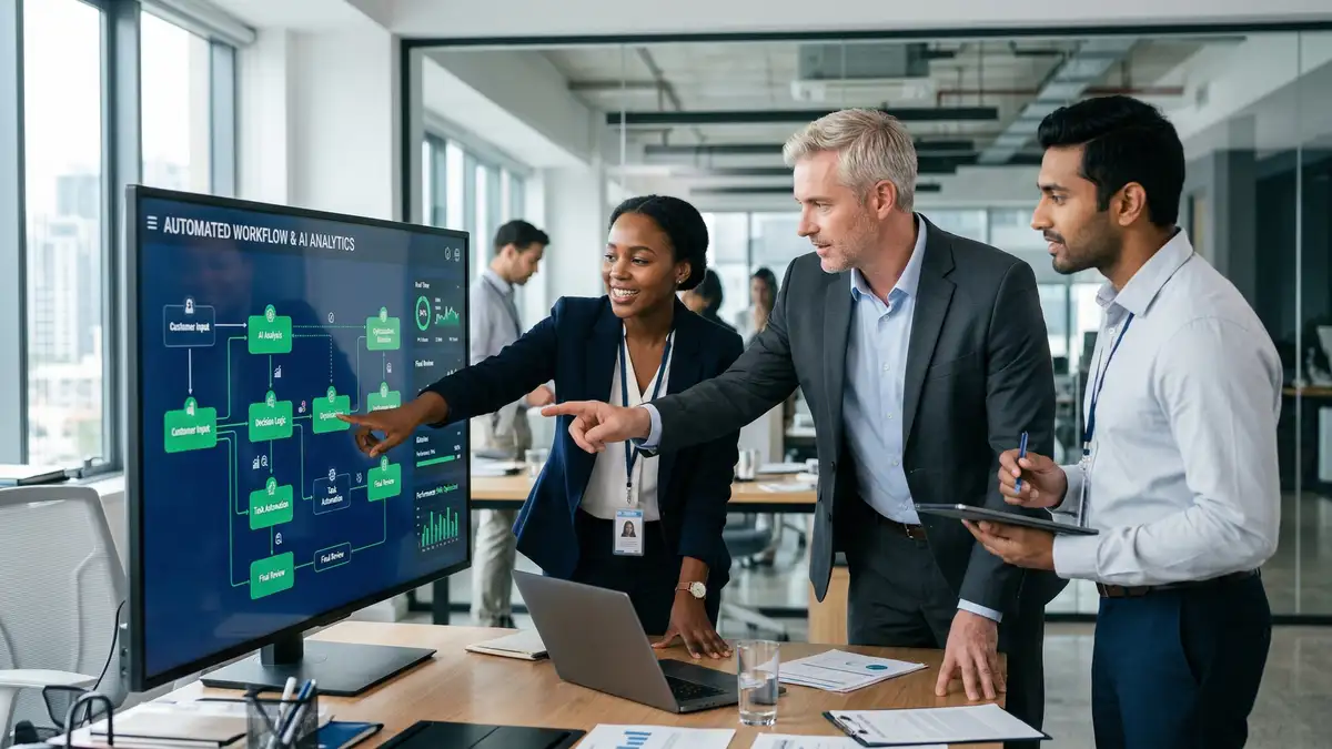 Business professionals reviewing AI-powered workflow automation dashboards for scaling up execution in modern B2B office