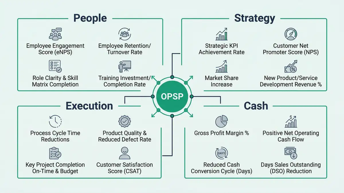 Infographic showing the Scaling Up framework four key decisions People Strategy Execution Cash with OPSP as the connecting hub and AI automation opportunities